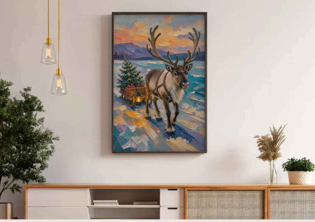 Reindeer Pulling a Tree Sled at Dusk canvas wall art above a wooden sideboard under pendant lights