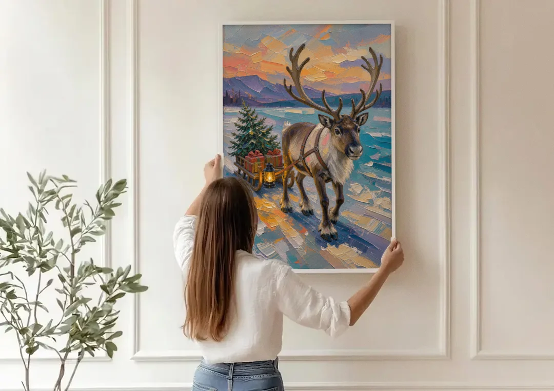 Reindeer Pulling a Tree Sled at Dusk canvas wall art being hung on a paneled wall