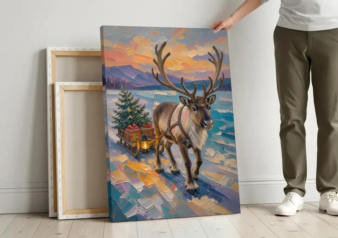 Reindeer Pulling a Tree Sled at Dusk canvas wall art leaning against a wall next to blank canvases