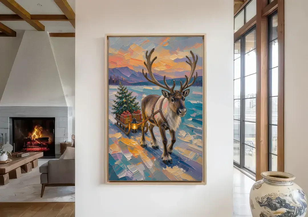 Reindeer Pulling a Tree Sled at Dusk canvas wall art in a living room with a fireplace