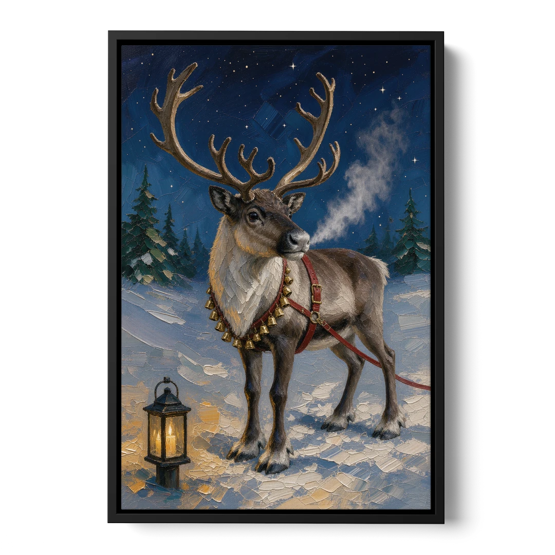 Reindeer Wall Art with Harness Bells and Lantern - Black Framed Canvas Wall Art - Front