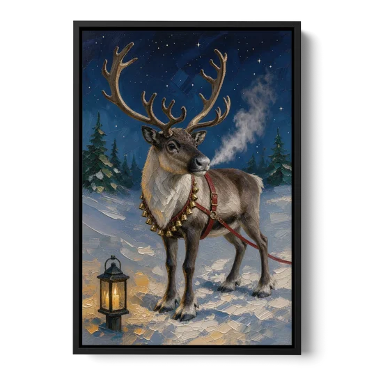 Reindeer Wall Art with Harness Bells and Lantern - Black Framed Canvas Wall Art - Front