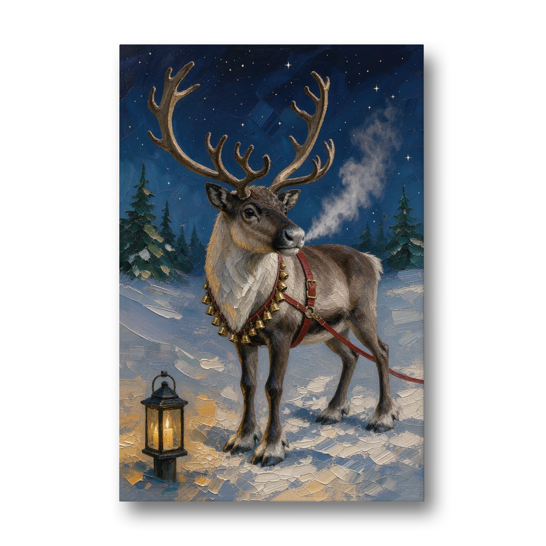 Reindeer Wall Art with Harness Bells and Lantern - Canvas Wall Art - Front