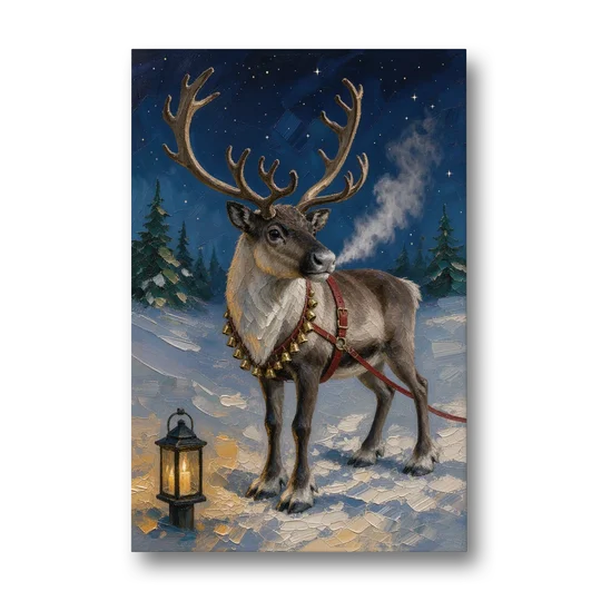 Reindeer Wall Art with Harness Bells and Lantern - Canvas Wall Art - Front