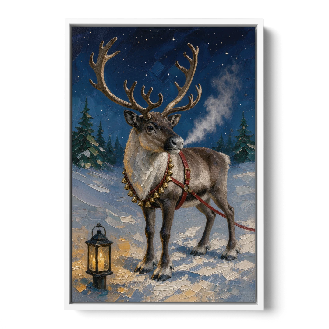 Reindeer Wall Art with Harness Bells and Lantern - White Framed Canvas Wall Art - Front