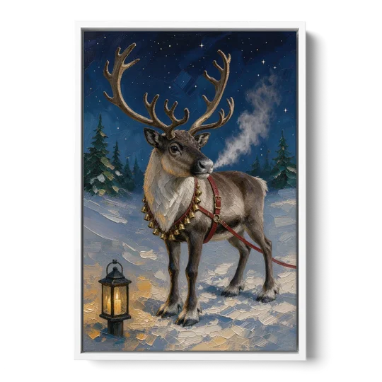Reindeer Wall Art with Harness Bells and Lantern - White Framed Canvas Wall Art - Front
