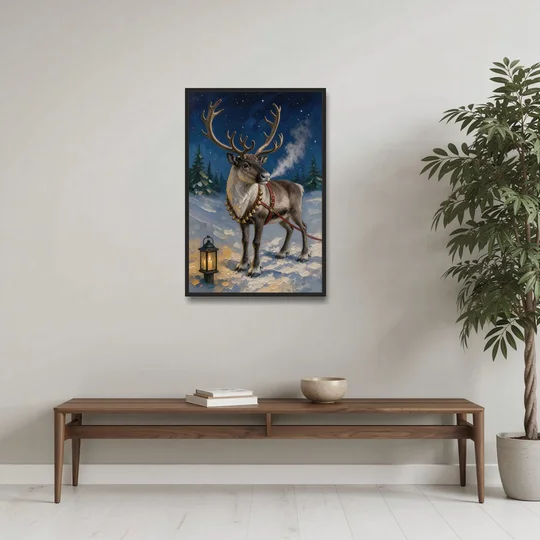 Reindeer Wall Art with Harness Bells and Lantern - Black Framed Canvas Wall Art - Coffee Table - 24x36