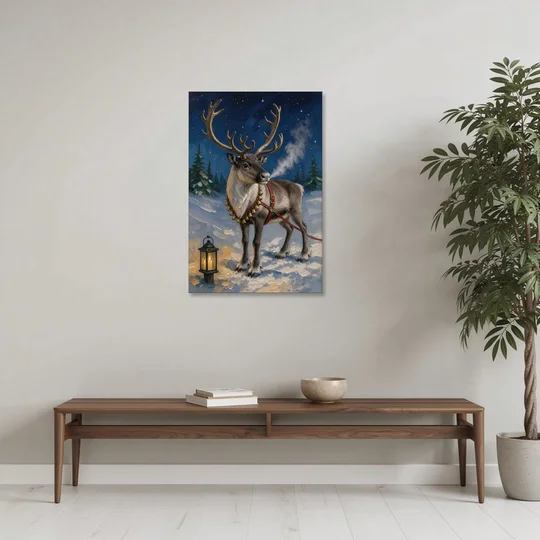 Reindeer Wall Art with Harness Bells and Lantern - Canvas Wall Art - Coffee Table - 24x36