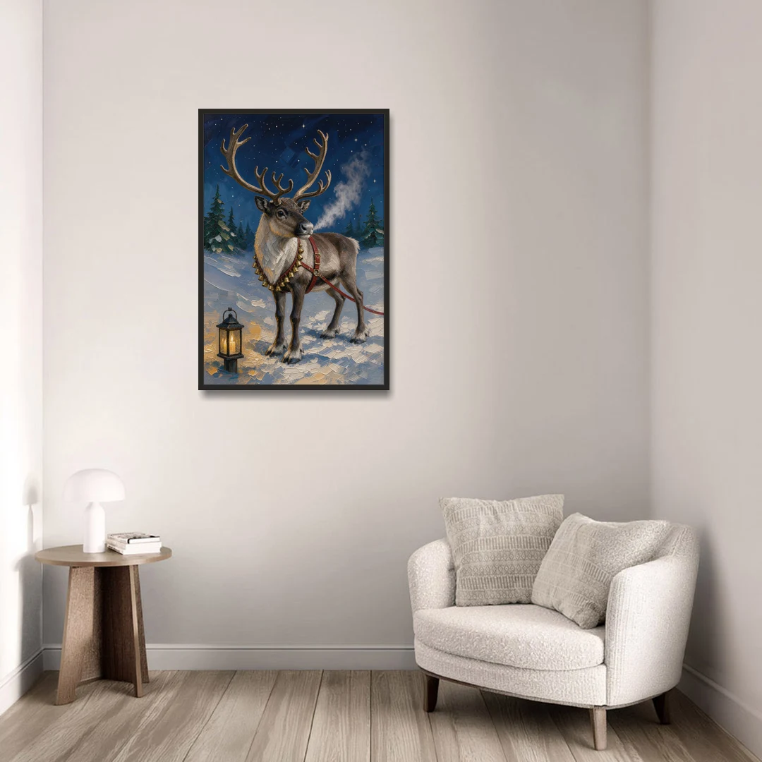 Reindeer Wall Art with Harness Bells and Lantern - Black Framed Canvas Wall Art - Sofa - 24x36