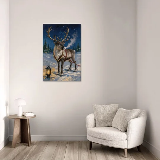 Reindeer Wall Art with Harness Bells and Lantern - Canvas Wall Art - Sofa - 24x36
