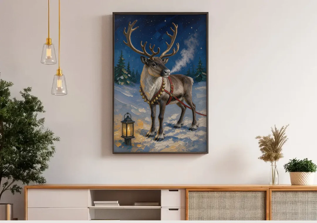 Reindeer Wall Art with Harness Bells and Lantern canvas wall art above a wooden sideboard under pendant lights