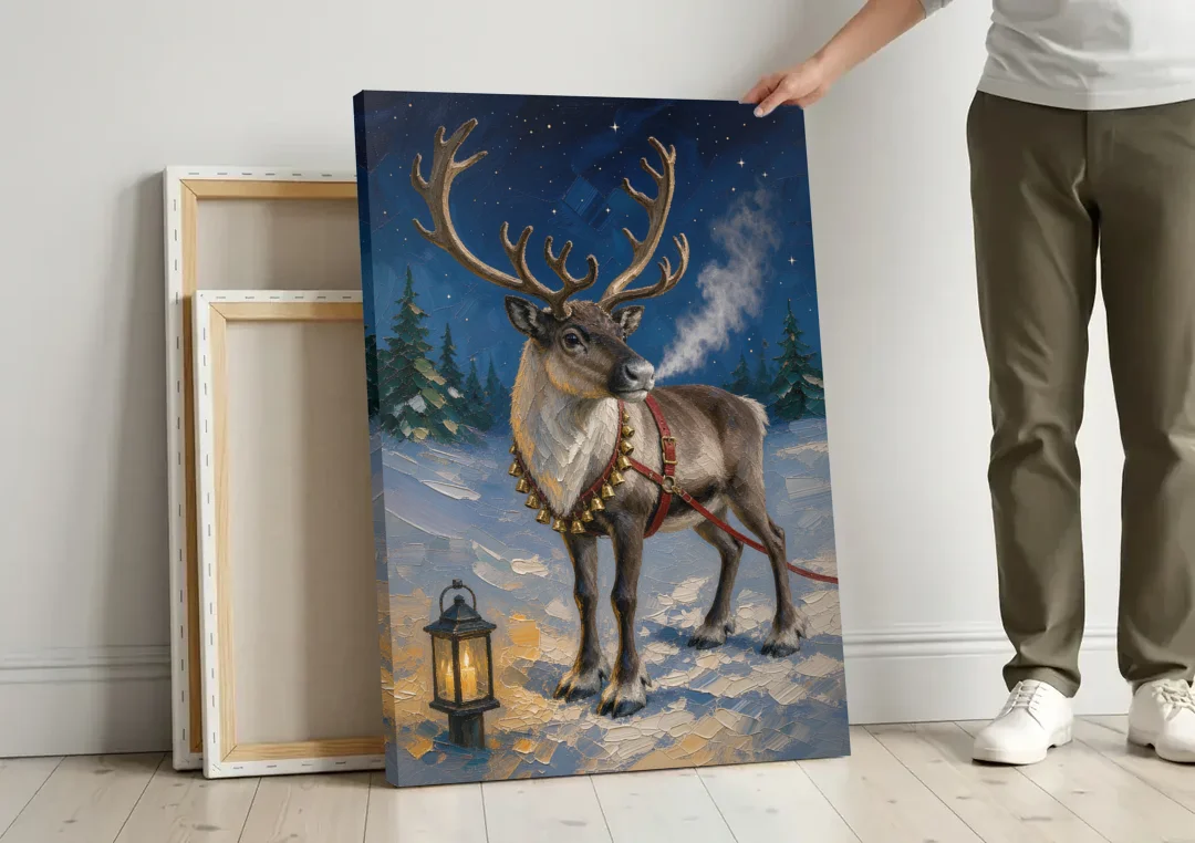 Reindeer Wall Art with Harness Bells and Lantern canvas wall art leaning against a wall next to blank canvases