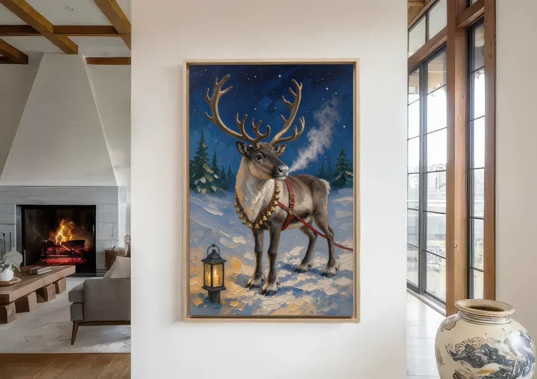 Reindeer Wall Art with Harness Bells and Lantern canvas wall art in a living room with a fireplace