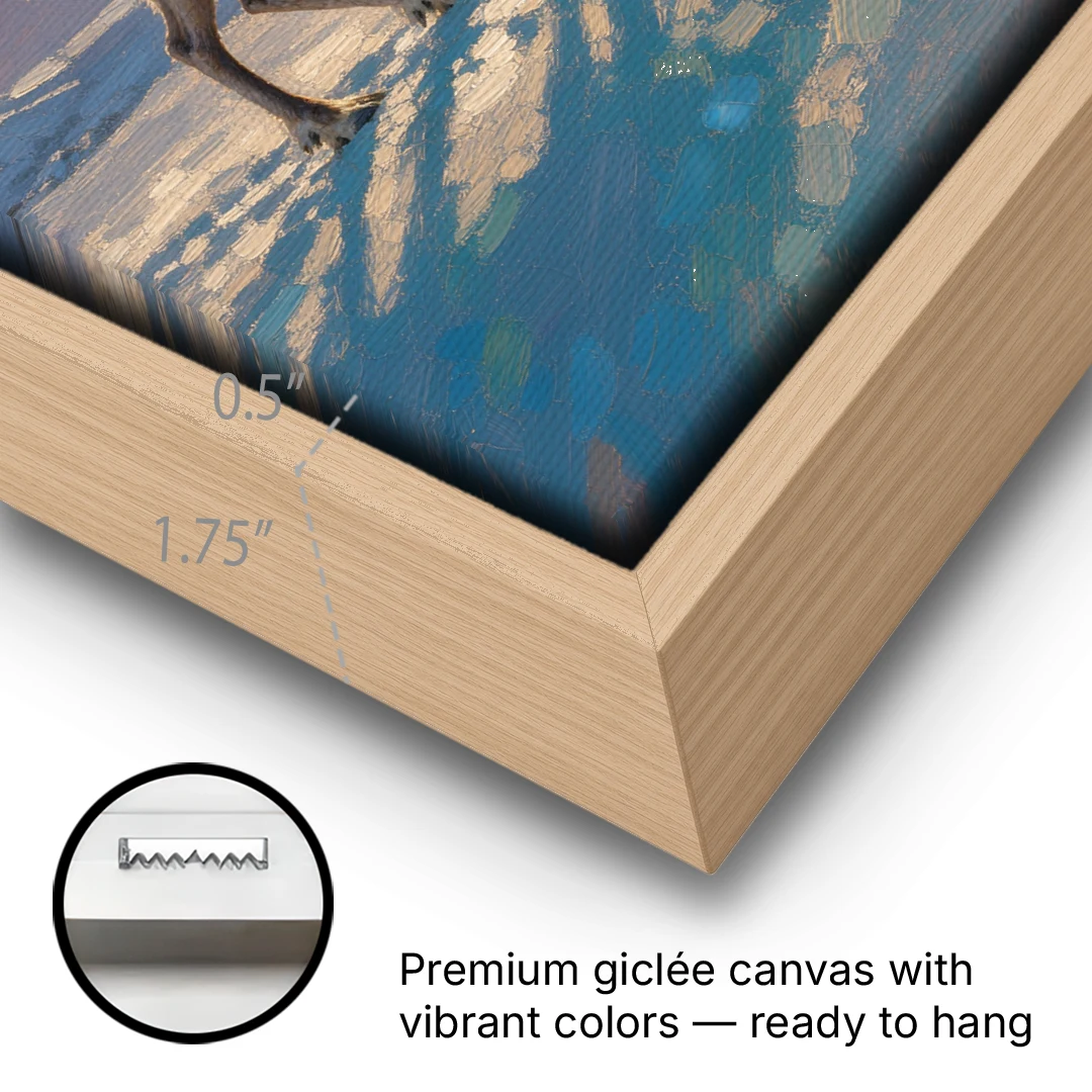 Reindeer with a Winter Sun for the Living Room - Oak Framed Canvas Wall Art - Gallery Wrap Corner
