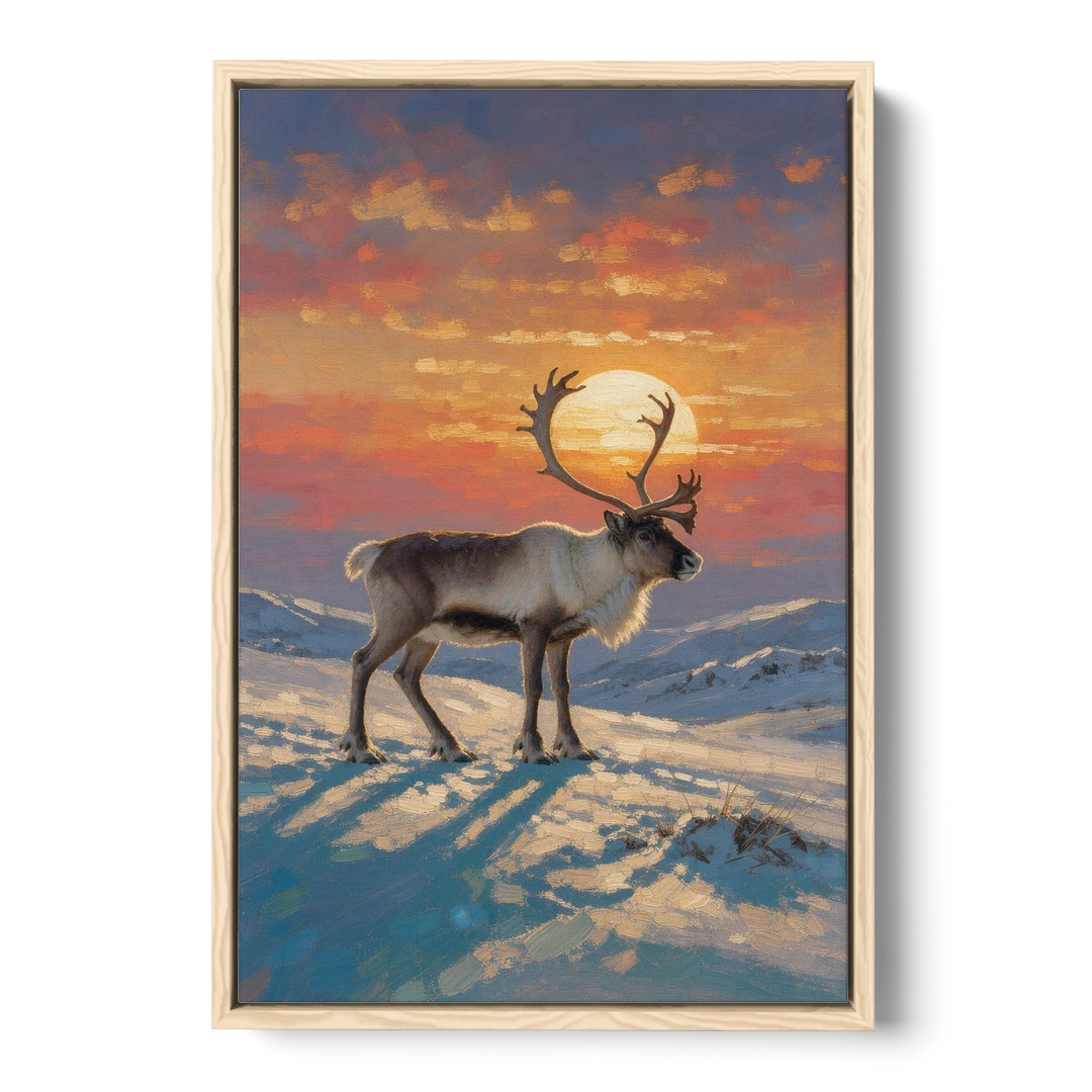 Reindeer with a Winter Sun for the Living Room - Oak Framed Canvas Wall Art - Front
