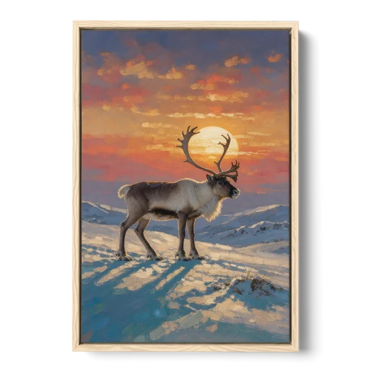 Reindeer with a Winter Sun for the Living Room - Oak Framed Canvas Wall Art - Front