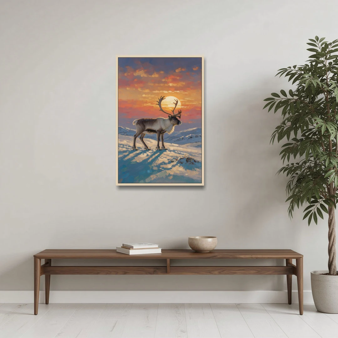 Reindeer with a Winter Sun for the Living Room - Oak Framed Canvas Wall Art - Coffee Table - 24x36