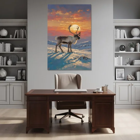 Reindeer with a Winter Sun for the Living Room - Canvas Wall Art - Office - 40x60