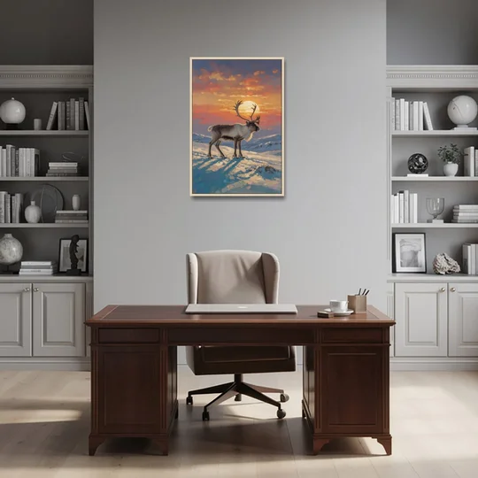 Reindeer with a Winter Sun for the Living Room - Oak Framed Canvas Wall Art - Office - 24x36
