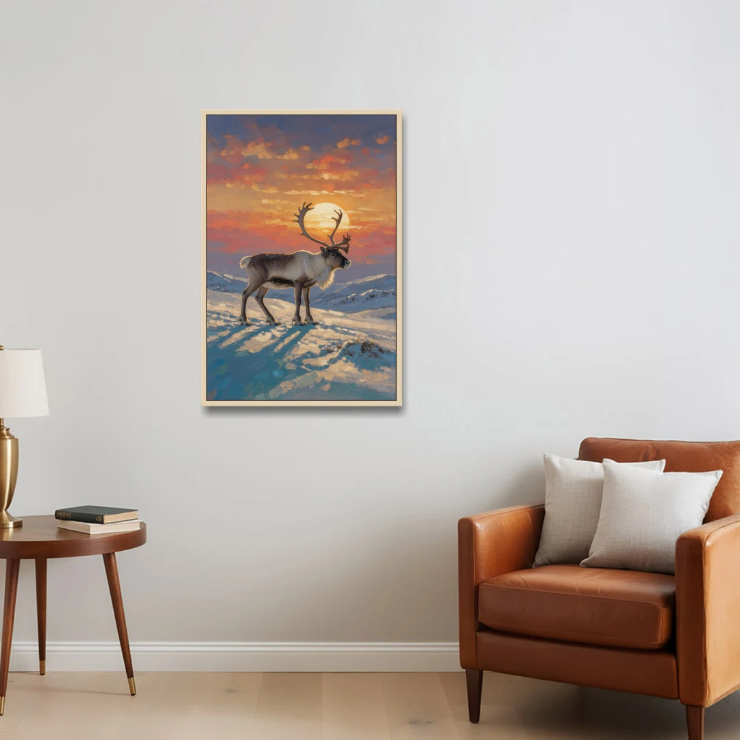 Reindeer with a Winter Sun for the Living Room - Oak Framed Canvas Wall Art - Sofa - 24x36