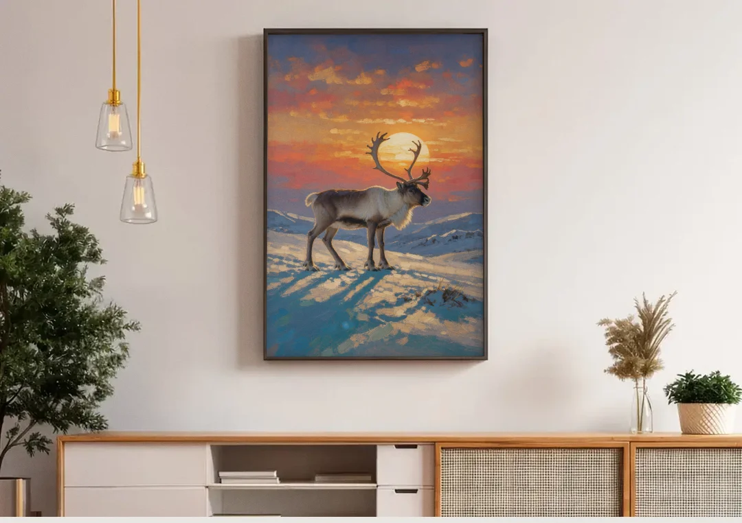 Reindeer with a Winter Sun for the Living Room canvas wall art above a wooden sideboard under pendant lights