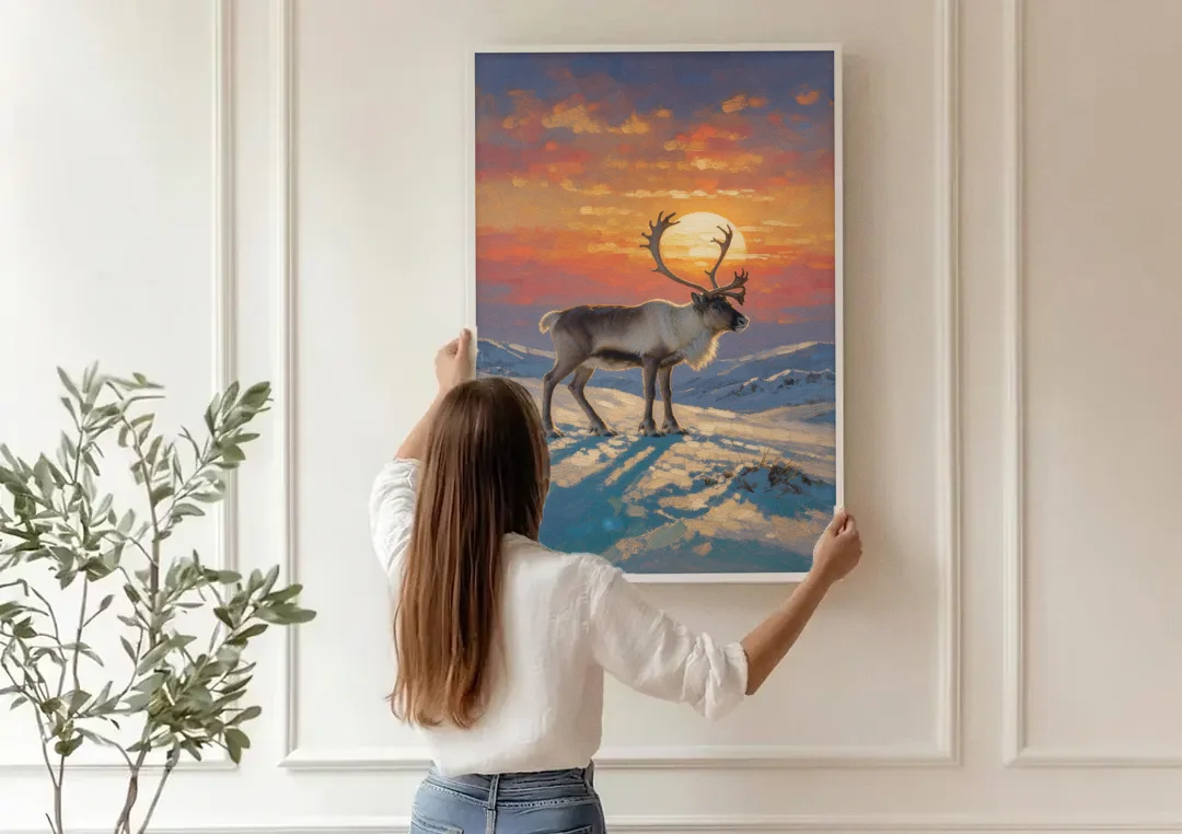 Reindeer with a Winter Sun for the Living Room canvas wall art being hung on a paneled wall