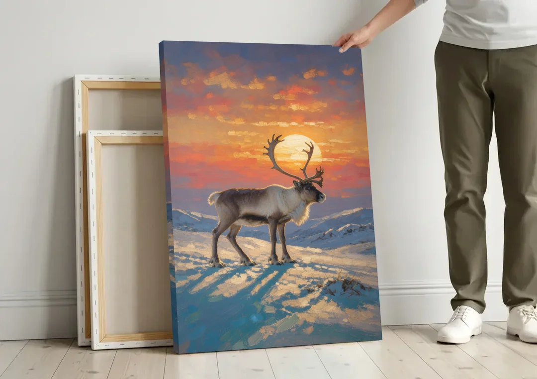 Reindeer with a Winter Sun for the Living Room canvas wall art leaning against a wall next to blank canvases