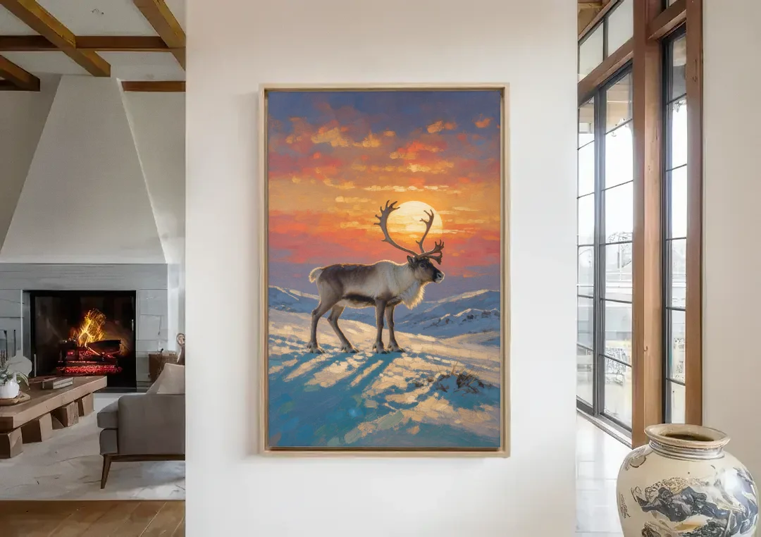 Reindeer with a Winter Sun for the Living Room canvas wall art in a living room with a fireplace