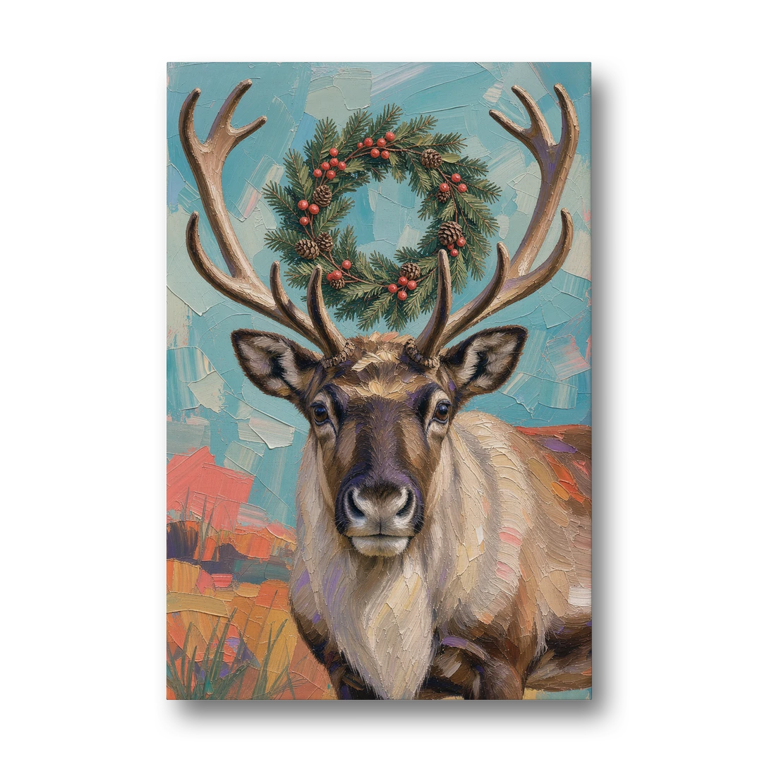 Reindeer with Evergreen Wreath on Antlers - Canvas Wall Art - Front