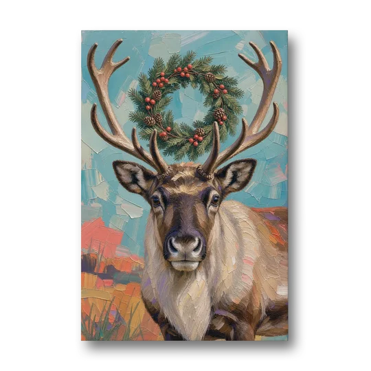 Reindeer with Evergreen Wreath on Antlers - Canvas Wall Art - Front