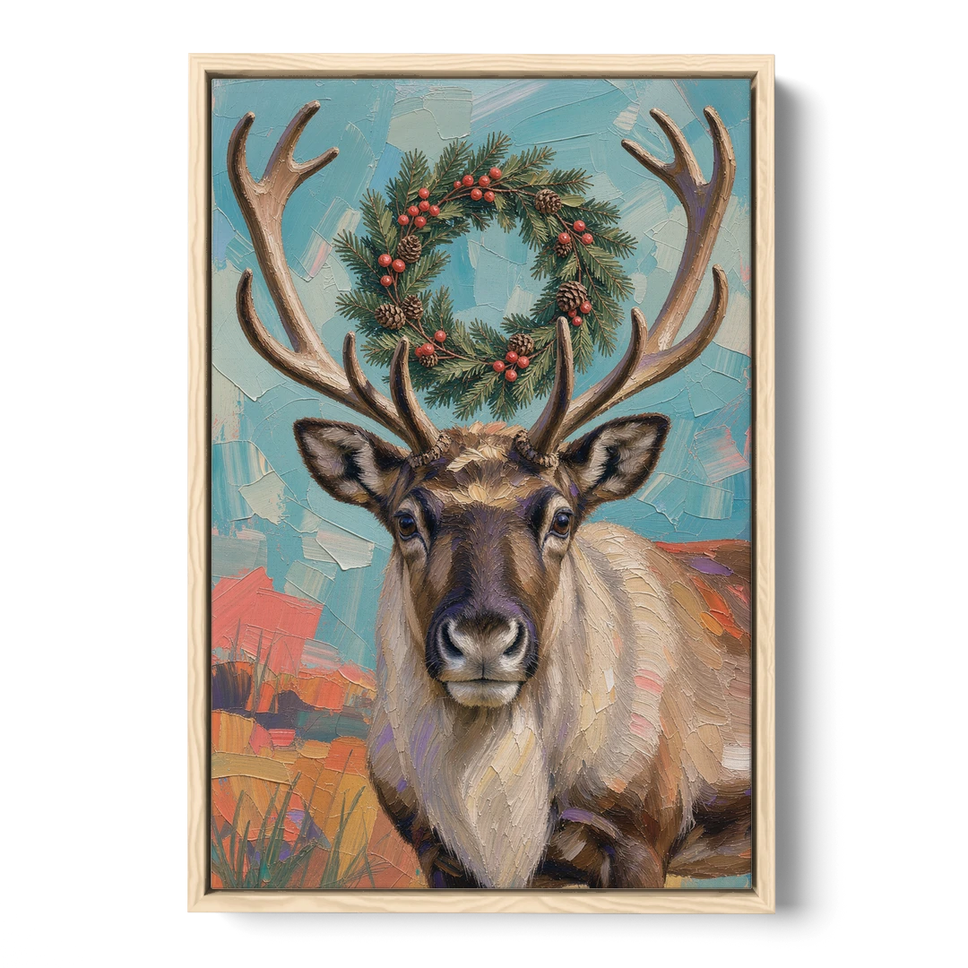 Reindeer with Evergreen Wreath on Antlers - Oak Framed Canvas Wall Art - Front