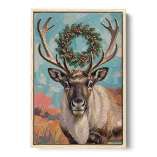 Reindeer with Evergreen Wreath on Antlers - Oak Framed Canvas Wall Art - Front