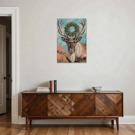 Reindeer with Evergreen Wreath on Antlers - Canvas Wall Art - Coffee Table - 24x36