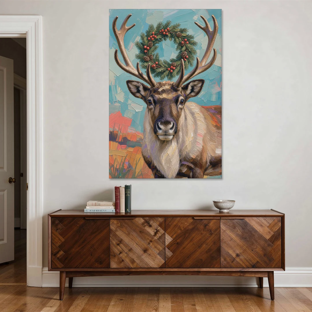 Reindeer with Evergreen Wreath on Antlers - Canvas Wall Art - Coffee Table - 40x60