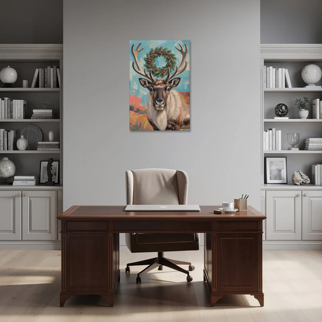 Reindeer with Evergreen Wreath on Antlers - Canvas Wall Art - Office - 24x36