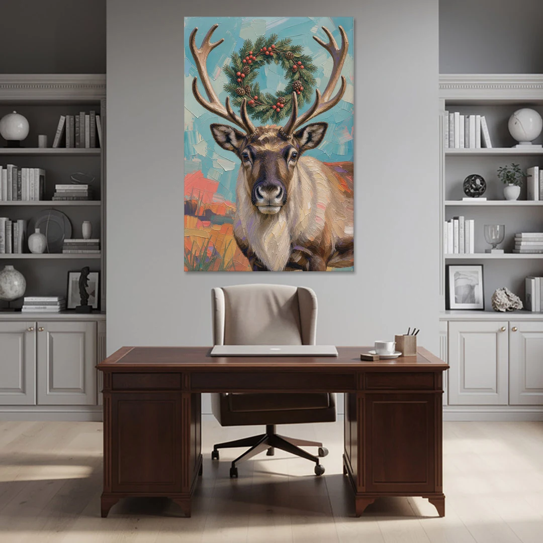 Reindeer with Evergreen Wreath on Antlers - Canvas Wall Art - Office - 40x60
