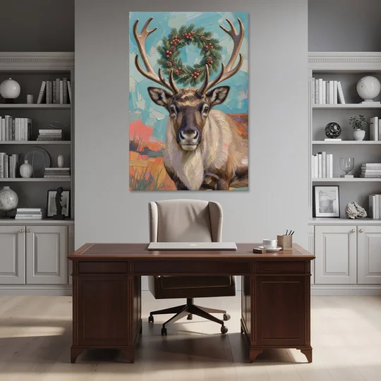 Reindeer with Evergreen Wreath on Antlers - Canvas Wall Art - Office - 40x60