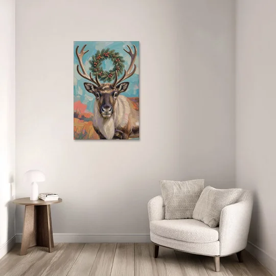 Reindeer with Evergreen Wreath on Antlers - Canvas Wall Art - Sofa - 24x36