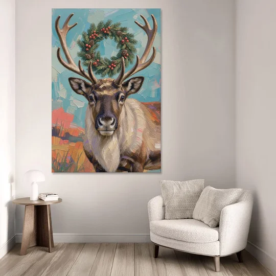 Reindeer with Evergreen Wreath on Antlers - Canvas Wall Art - Sofa - 40x60