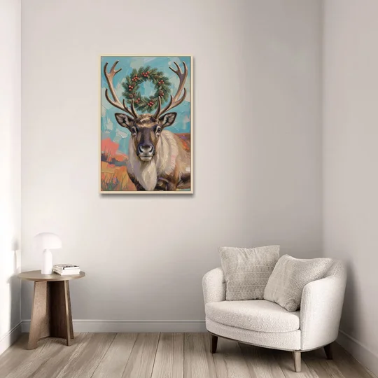 Reindeer with Evergreen Wreath on Antlers - Oak Framed Canvas Wall Art - Sofa - 24x36