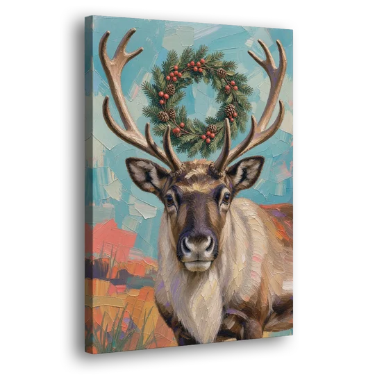 Reindeer with Evergreen Wreath on Antlers - Canvas Wall Art - Side