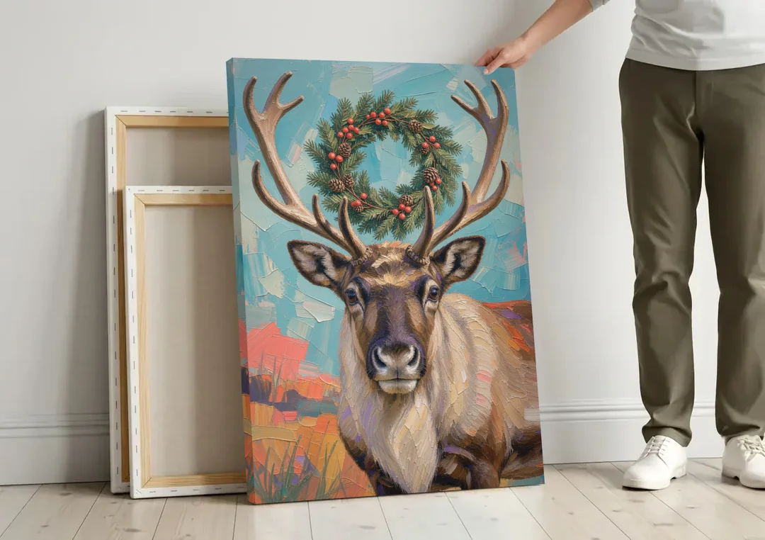 Reindeer with Evergreen Wreath on Antlers canvas wall art leaning against a wall next to blank canvases