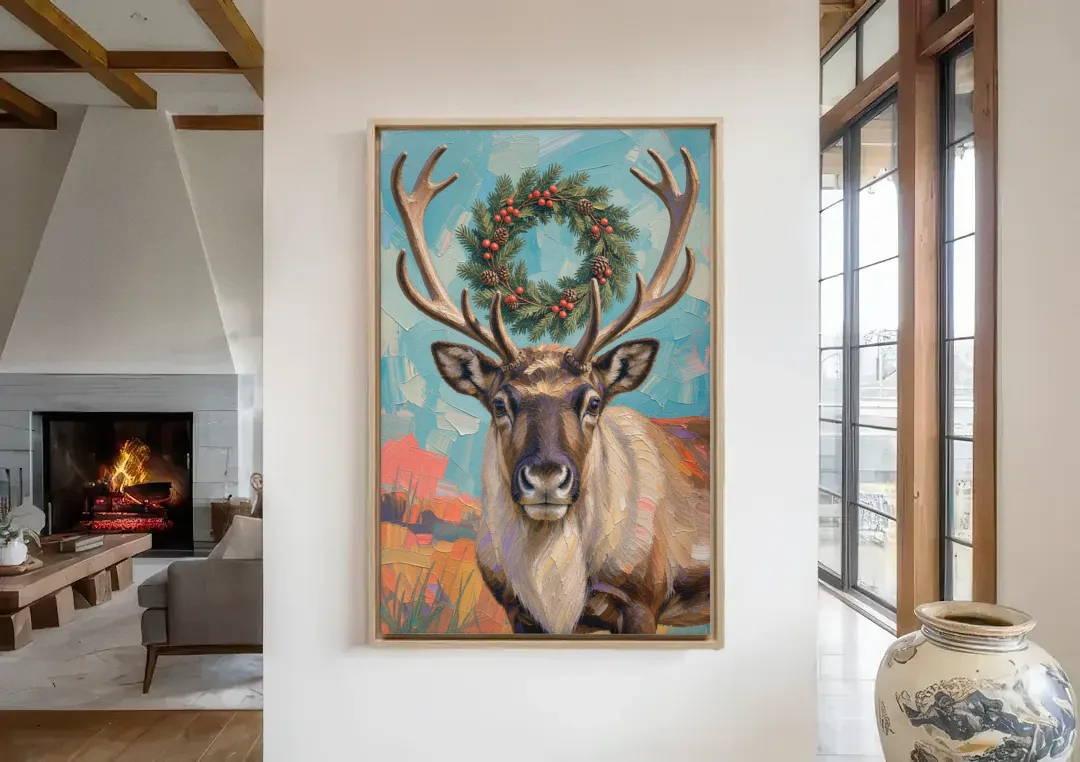 Reindeer with Evergreen Wreath on Antlers canvas wall art in a living room with a fireplace