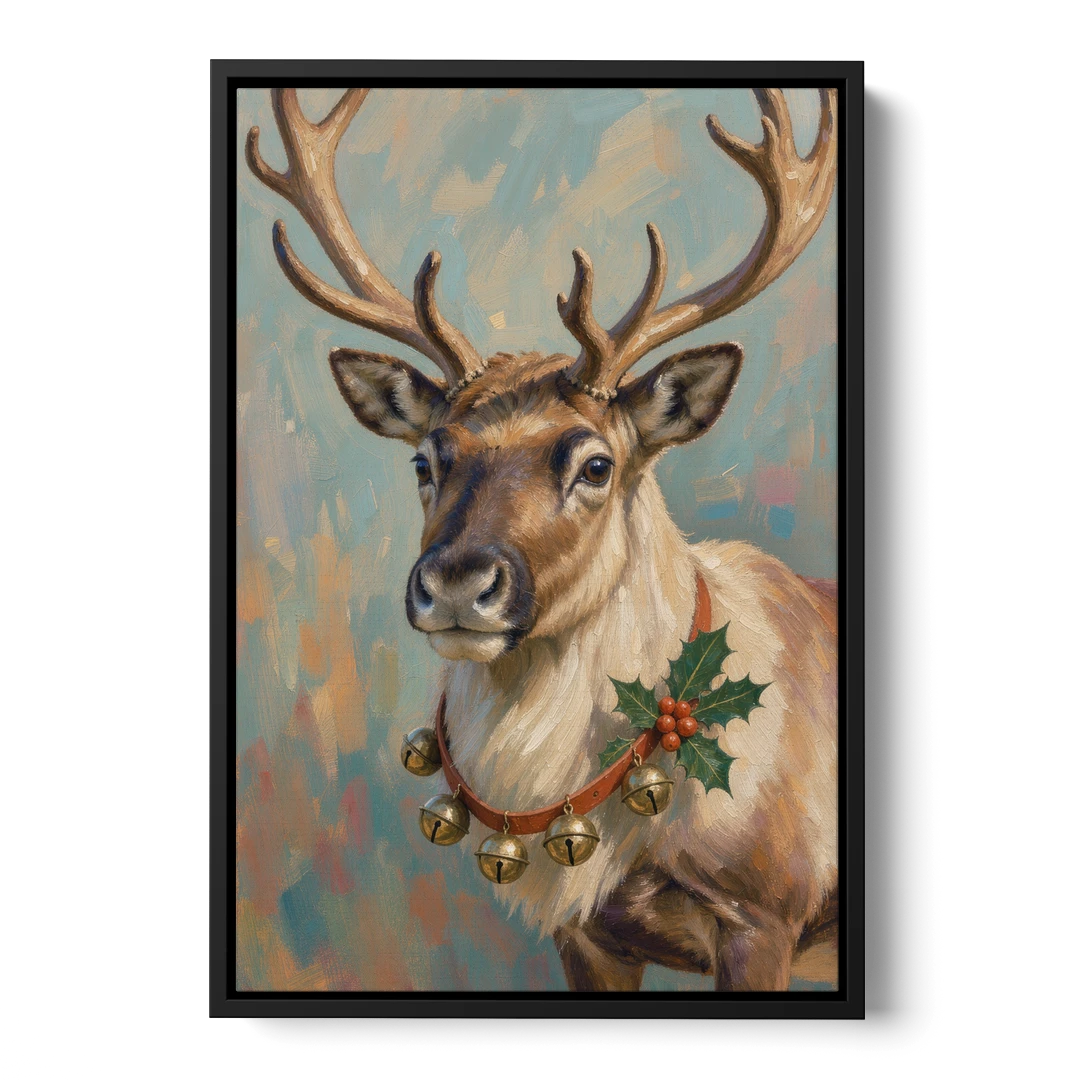 Reindeer with Jingle Bell Collar and Holly - Black Framed Canvas Wall Art - Front