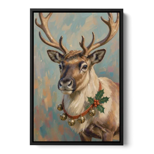 Reindeer with Jingle Bell Collar and Holly - Black Framed Canvas Wall Art - Front