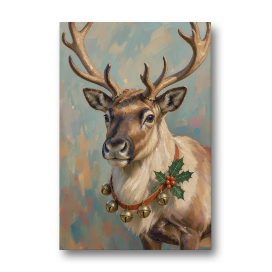 Reindeer with Jingle Bell Collar and Holly - Canvas Wall Art - Front