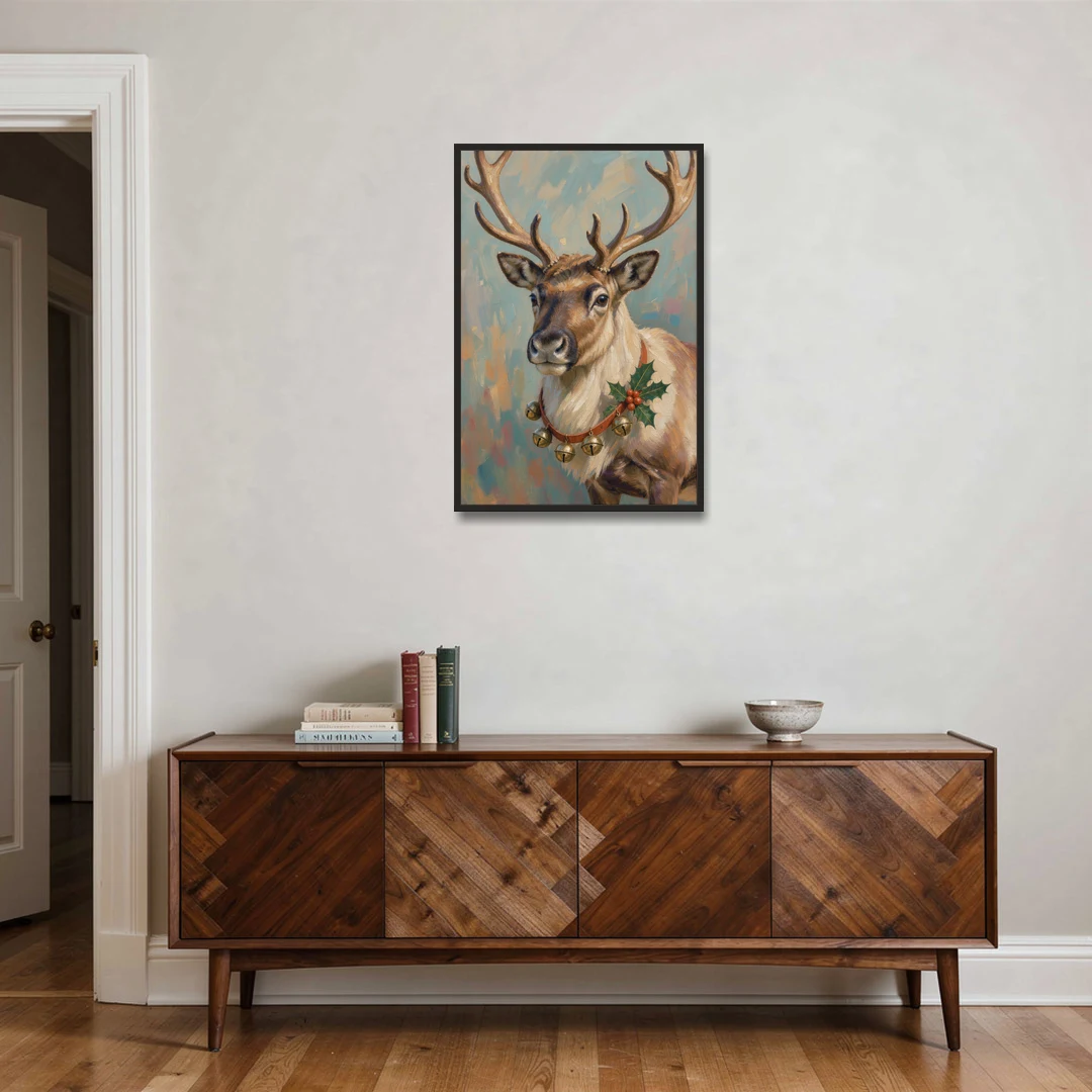 Reindeer with Jingle Bell Collar and Holly - Black Framed Canvas Wall Art - Coffee Table - 24x36