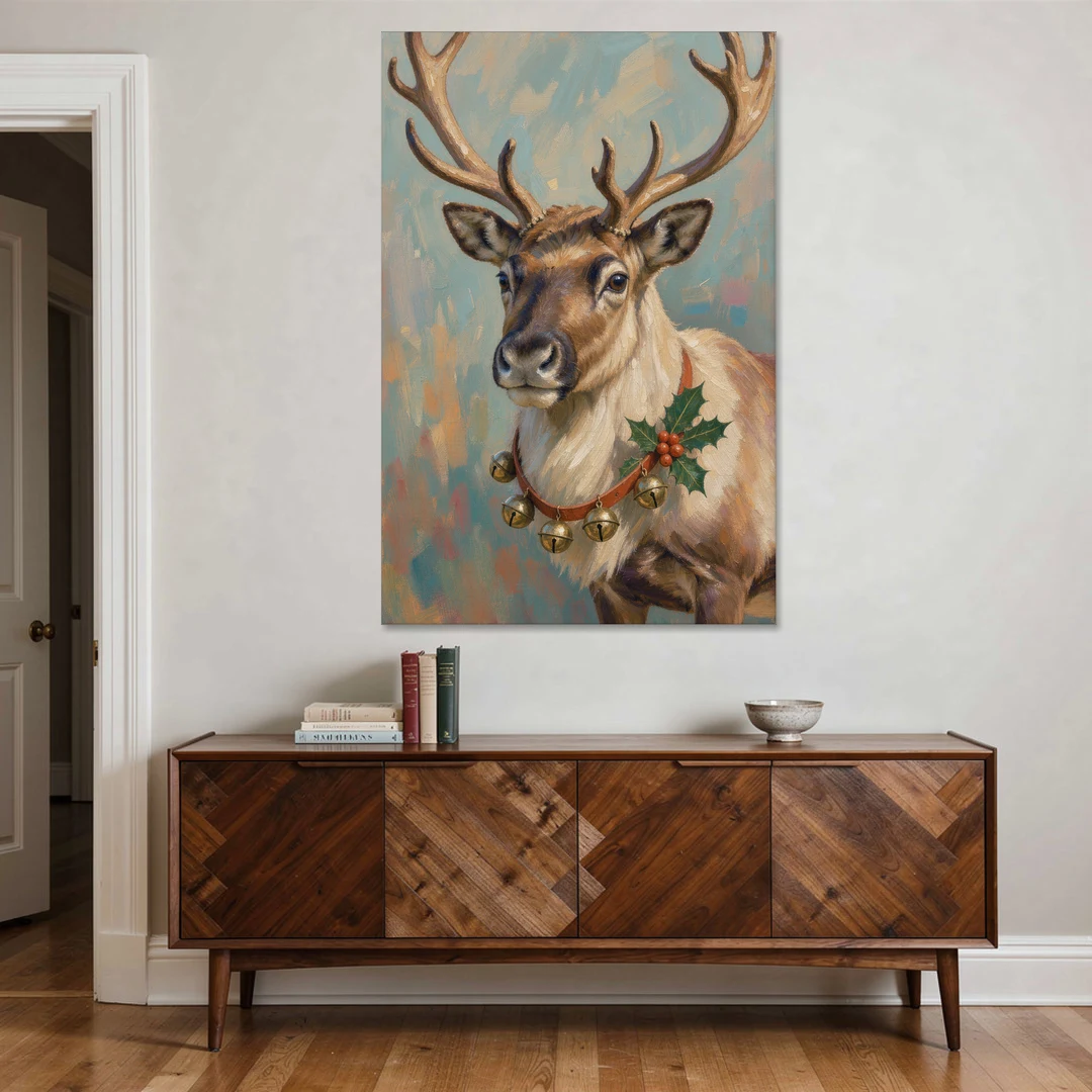 Reindeer with Jingle Bell Collar and Holly - Canvas Wall Art - Coffee Table - 40x60