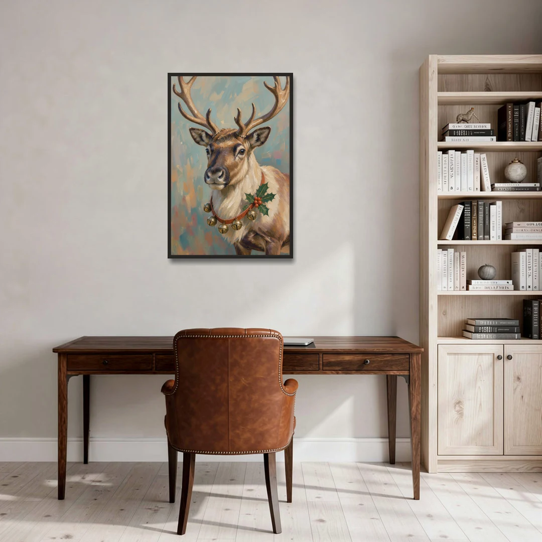 Reindeer with Jingle Bell Collar and Holly - Black Framed Canvas Wall Art - Office - 24x36