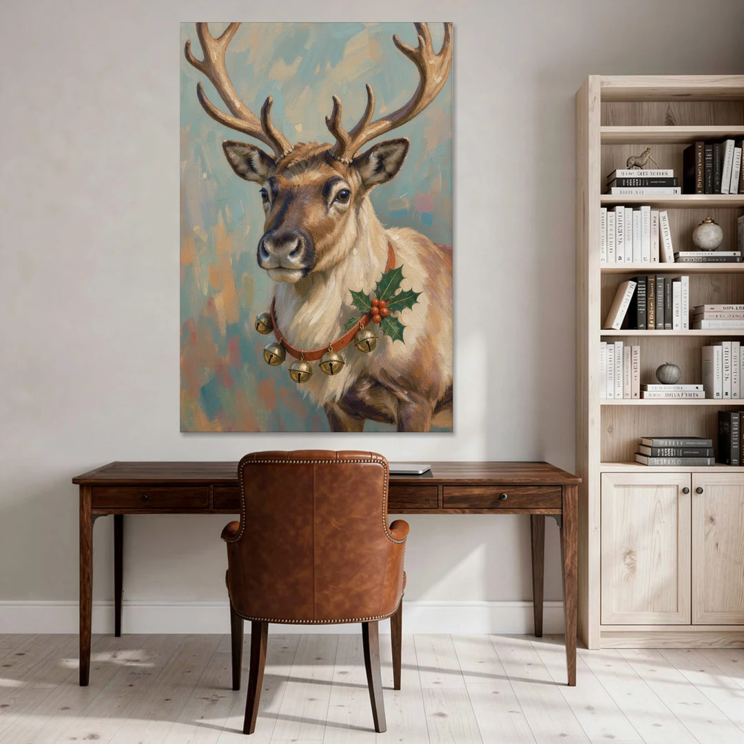 Reindeer with Jingle Bell Collar and Holly - Canvas Wall Art - Office - 40x60